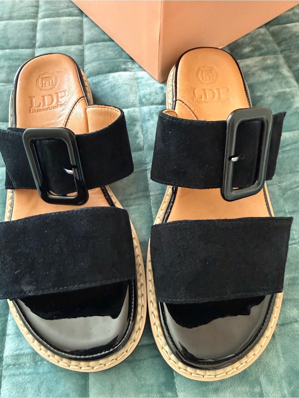 LDP Black Suede & Patent Buckle Slide Sandals